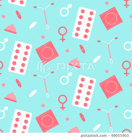 Seamless pattern with contraceptives. Vector illustration. Flat style. Medical print. Pattern with pill condoms. Seamless pattern with contraceptives. Vector illustration. Flat style. Medical print. Pattern with pill condoms. 99055903