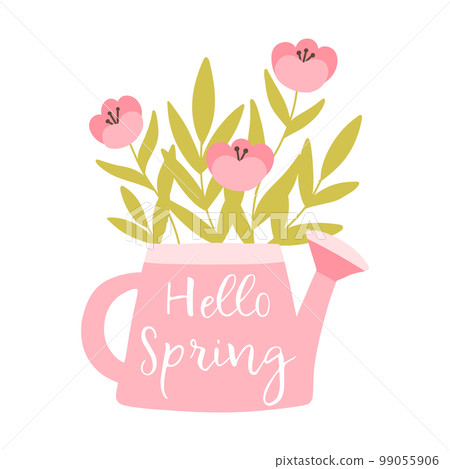 Hi spring. Spring lettering on a watering can with flowers. Vector illustration. Flat hand drawn style. Illustration of a watering can with plants. Hi spring. Spring lettering on a watering can with flowers. Vector illustration. Flat hand drawn style. Illustration of a watering can with plants. 99055906