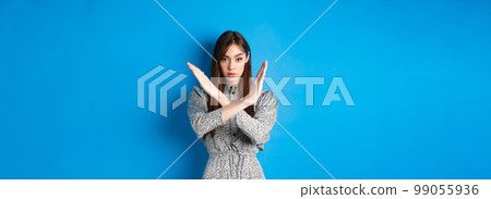 Serious caucasian woman in dress tell no, show cross stop gesture and looking confident, making warning sign, prohibit something bad, standing on blue background Serious caucasian woman in dress tell no, show cross stop gesture and looking confident, making warning sign, prohibit something bad, standing on blue background 99055936