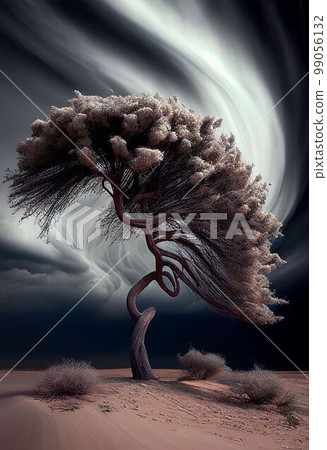 Big storm blowing big tree in arid desert on drought weather Created with Generative AI technology. 99056132