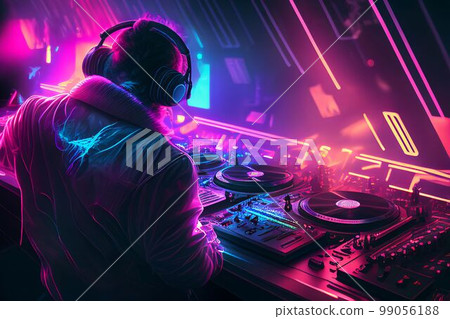 DJ player audio mixing electronic music in a nightclub party Created with Generative AI technology. 99056188