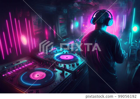 DJ player audio mixing electronic music in a nightclub party Created with Generative AI technology. 99056192