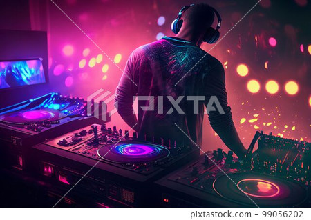 DJ player audio mixing electronic music in a nightclub party Created with Generative AI technology. 99056202