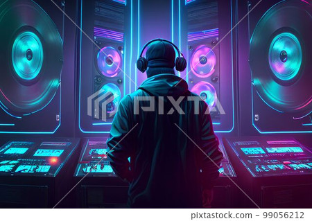 DJ player audio mixing electronic music in a nightclub party Created with Generative AI technology. 99056212