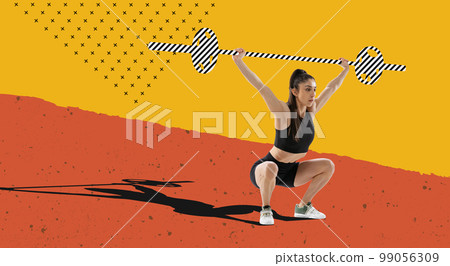 Modern creative design. Contemporary art. Muscular woman in sportswear training with a barbell. Weightlifting, fitness Modern creative design. Contemporary art. Muscular woman in sportswear training with a barbell. Weightlifting, fitness 99056309