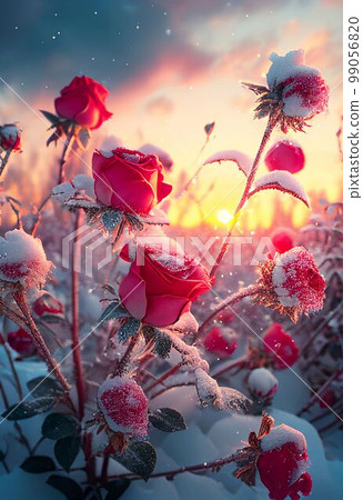 Red roses draped with frost snow Valentine's day background Created with Generative AI technology. 99056820
