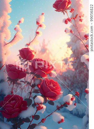 Red roses draped with frost snow Valentine's day background Created with Generative AI technology. 99056822