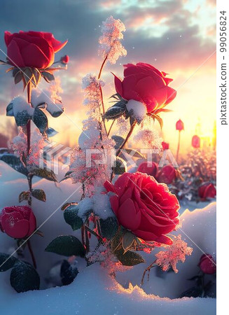 Red roses draped with frost snow Valentine's day background Created with Generative AI technology. 99056824