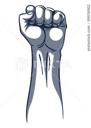 Rised fist hand gesture monochrome drawn emblem. Vector hand clenched into fist and rising up, symbol isolated on white background. Power sign. Human hand up in the air Rised fist hand gesture monochrome drawn emblem. Vector hand clenched into fist and rising up, symbol isolated on white background. Power sign. Human hand up in the air 99056902