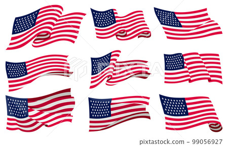Waving flags. Set of american flags on white background. National flags waving symbols. Banner design elements 99056927