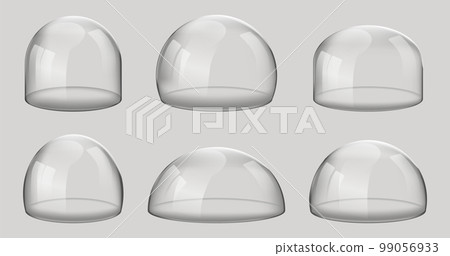 Glass domes. 3D Realistic spherical kitchen utensils, laboratory or exhibition cases. Vector set isolated glossy shape of showcase safety on gray background Glass domes. 3D Realistic spherical kitchen utensils, laboratory or exhibition cases. Vector set isolated glossy shape of showcase safety on gray background 99056933