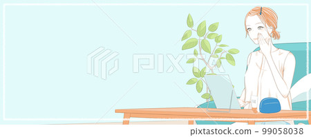 Illustration of a woman applying sunscreen to her face and making up (with copy space) 99058038