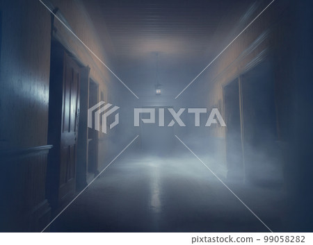 A spooky corridor filled with supernatural fog and rubble in the abandoned haunted house. Generative AI illustration 99058282