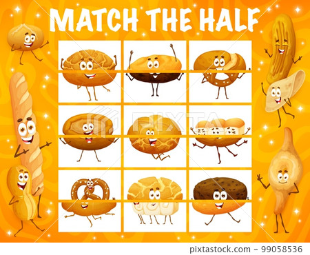 Match the half of cartoon bakery, pastry and bread characters. Piece or fragment connect puzzle vector worksheet with cunape, baguette, marraqueta and barbari, tortilla, shoti puri cute personages Match the half of cartoon bakery, pastry and bread characters. Piece or fragment connect puzzle vector worksheet with cunape, baguette, marraqueta and barbari, tortilla, shoti puri cute personages 99058536