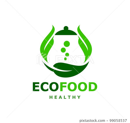 Healthy natural food icon. Restaurant natural or vegan meal meals, eco product farm or market vector emblem. Healthy nutrition diet food icon or symbol with boiling water in teapot, green leaves Healthy natural food icon. Restaurant natural or vegan meal meals, eco product farm or market vector emblem. Healthy nutrition diet food icon or symbol with boiling water in teapot, green leaves 99058537