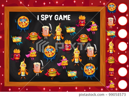 I spy game worksheet. Fast food characters. Object finding puzzle, calculation playing activity vector page with popcorn, french fries, pizza and hamburger, burger, cake superhero funny personage I spy game worksheet. Fast food characters. Object finding puzzle, calculation playing activity vector page with popcorn, french fries, pizza and hamburger, burger, cake superhero funny personage 99058573