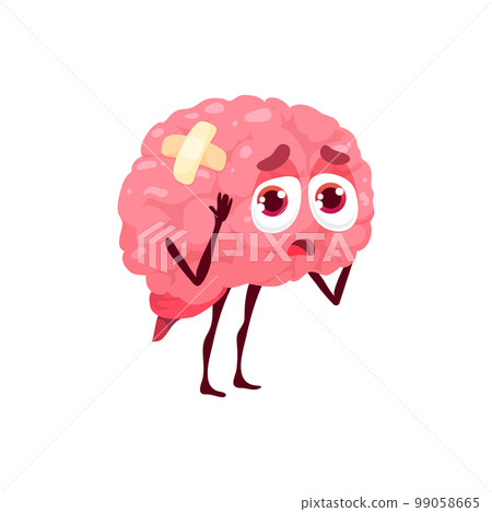 Brain sick body organ character. Sad human vector cranium with unhappy face and plaster. Isolated cartoon anatomical personage. Diseased ill pericranium with hangover, coma or migraine illness Brain sick body organ character. Sad human vector cranium with unhappy face and plaster. Isolated cartoon anatomical personage. Diseased ill pericranium with hangover, coma or migraine illness 99058665