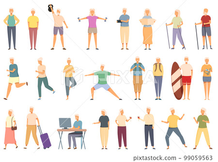 Longevity icons set cartoon vector. Old senior. Sport people 99059563