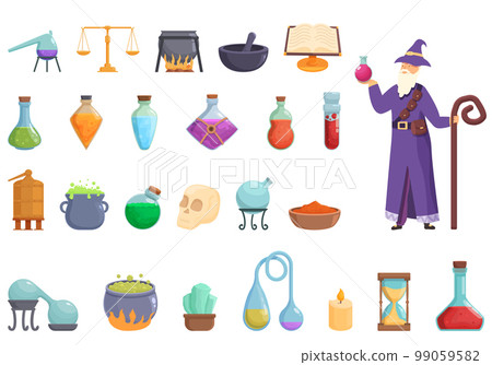 Alchemist icons set cartoon vector. Magic tool. Old fantasy 99059582
