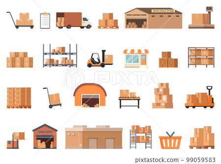 Wholesale store icons set cartoon vector. Marketplace supplier. Retail market 99059583