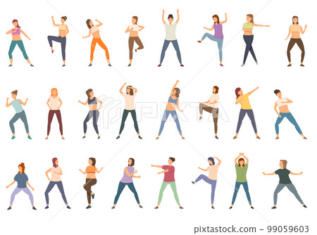 Zumba icons set cartoon vector. Female dancer. Woman fitness Zumba icons set cartoon vector. Female dancer. Woman fitness 99059603