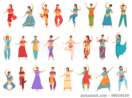 Indian girl dancer icons set cartoon vector. Indian dancer. Culture girl 99059839