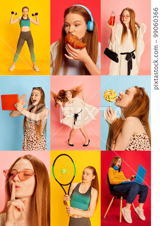 Collage made of portraits of happy young girl in different fashion style clothes over multicolored backgrounds. Banner. Concept of active lifestyle and happiness 99060366