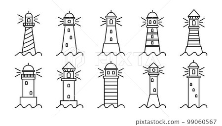 Line light houses, sea tower. Thin outline ocean beach, nautical safety, seaside sailing building with lamp beam, navigation on harbour. Logotype template, marine logo. Vector linear tidy icons set 99060567