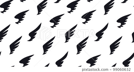 Vintage wing pattern, black and white label. Creative tattoo idea with feather, fabric ornament. Decor textile, wrapping paper, wallpaper design. Freedom symbol. Vector seamless recent background 99060632