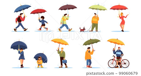 Season rainy moonsoon day, people with umbrella in puddles. Happy school boys with backpacks in autumn rain. Girls in raincoats. Contemporary characters. Vector cartoon flat style isolated Season rainy moonsoon day, people with umbrella in puddles. Happy school boys with backpacks in autumn rain. Girls in raincoats. Contemporary characters. Vector cartoon flat style isolated 99060679
