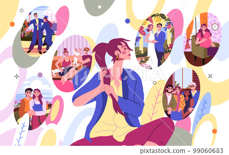 Life memory. Positive think psychology. Woman person with experience of past trauma. People remember graduation and wedding. Happy recalling. Baby birth. Family fun. Vector illustration exact scene Life memory. Positive think psychology. Woman person with experience of past trauma. People remember graduation and wedding. Happy recalling. Baby birth. Family fun. Vector illustration exact scene 99060683