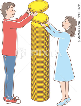 Accumulation _ accumulation of gold coins _ men and women stacking coins _ whole body 99060694