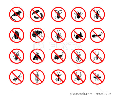 Bug insecticide. Anti insect or rat icons. Red crossed symbols. Fly pest black silhouette. Stop mosquito sign. Harmful animals. Tick repellent. Cockroach pesticide. Vector garish forbidden signs set 99060706
