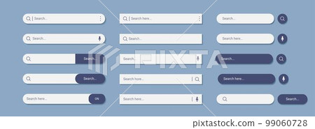 Web search bar. Website box. Internet field for text. UI tab. Computer button link. WWW site browse. Online information find. Digital frame. Interface elements set. Vector illustration tidy template Web search bar. Website box. Internet field for text. UI tab. Computer button link. WWW site browse. Online information find. Digital frame. Interface elements set. Vector illustration tidy template 99060728