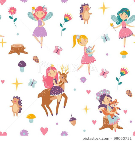 Cute girls, childish fairy pattern. Fantasy baby princess with forest animals, fox and deer wallpaper for nursery, kids and pink flowers. Decor textile, t-shirt print. Vector seamless tidy background 99060731