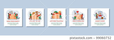 People donate food and clothing. Charity help app. Community give money. Work from heart. Donation box. Support welfare fund. Humanitarian assistance. Square banners set. Vector mobile tidy concepts 99060732