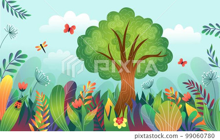 Magic wild nature. Enchanted garden. Forest children wallpaper. Enchant kids natural space. Jungle plants. Flying butterflies. Magical woods. Fairytale summer landscape. Vector cartoon tidy background 99060780