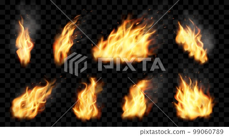 Fire flame. Realistic burn effect. Hot combustion. Spark and smoke. Hell blaze. Red and dark fireplace. Fiery explosion. Torch light. Orange bonfire elements set. Vector isolated neoteric illustration 99060789