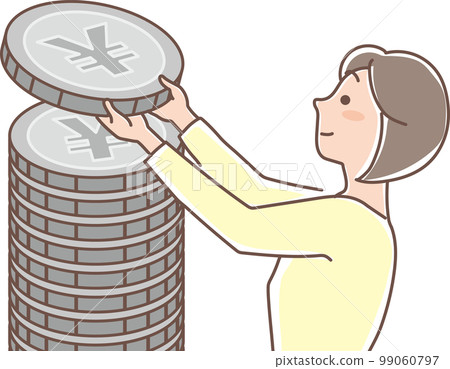 Accumulation _ Accumulation of silver coins _ Woman stacking coins _ Upper body 99060797