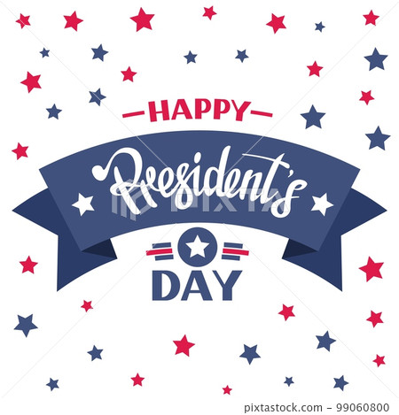 America Presidents Day. USA election poster for presidency. Blue and red stars flag. Happy patriotic event card. Democratic vote logo. Ribbon and calligraphy lettering. Vector festive banner design 99060800