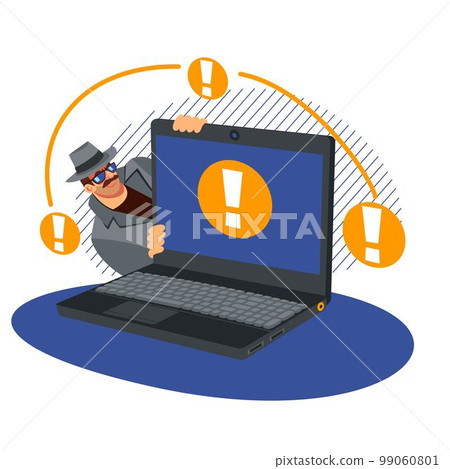 Digital spy. Detective in computer. Phishing and hacking laptop. Secret data surveillance. Internet security and censorship. Information theft. Malware technology. Hackers attack. Vector illustration Digital spy. Detective in computer. Phishing and hacking laptop. Secret data surveillance. Internet security and censorship. Information theft. Malware technology. Hackers attack. Vector illustration 99060801