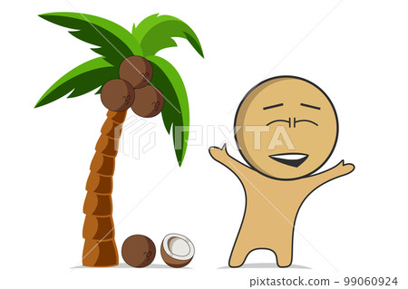 A boy under a palm tree with coconuts joyfully raised his hands up 99060924