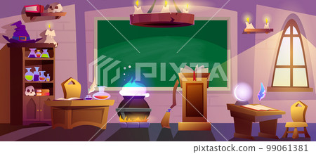 Cartoon magic school classroom with chalkboard, cauldron and desks 99061381