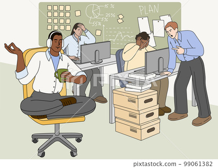 Flat angry boss yelling at tired employees, man keep calm 99061382