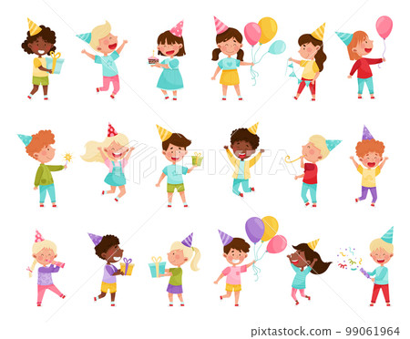 Kids at Party Having Fun in Birthday Hat with Gift Box Big Vector Set 99061964