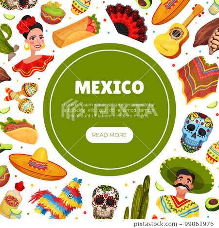 Ethnic Mexican Symbols Banner Design with Traditional Objects Vector Template 99061976