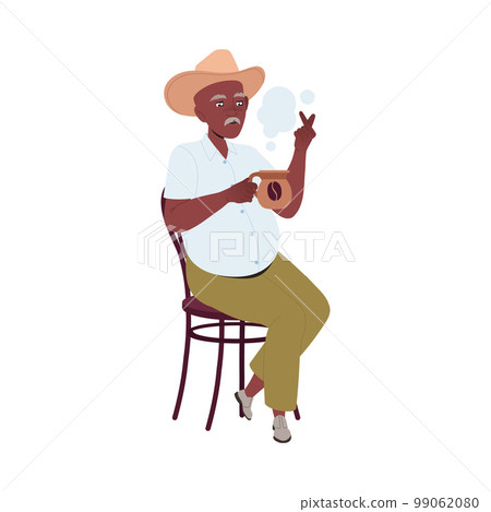 Mexican Man in Hat Drinking Hot Aromatic Coffee Beverage Sitting on Chair Vector Illustration 99062080