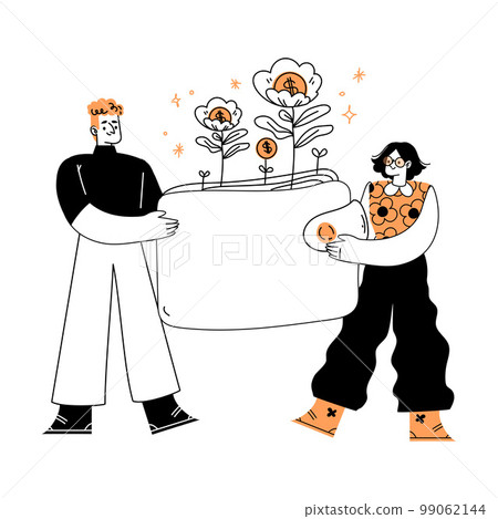 Marketing with Man and Woman Character Holding Wallet with Growing Money Flower Stem Vector Illustration Marketing with Man and Woman Character Holding Wallet with Growing Money Flower Stem Vector Illustration 99062144