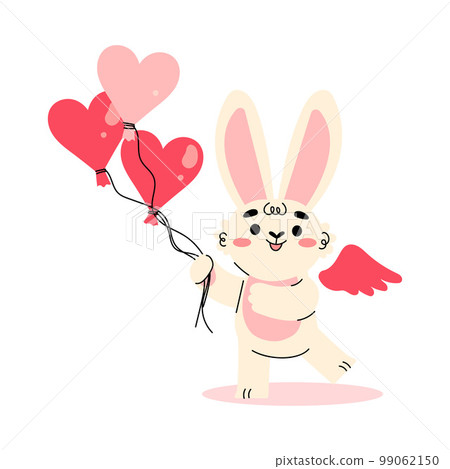 Cute Cupid Bunny with Wings Holding Red Heart Balloon by String Vector Illustration Cute Cupid Bunny with Wings Holding Red Heart Balloon by String Vector Illustration 99062150
