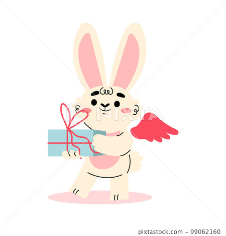 Cute Cupid Bunny with Wings Holding Wrapped Gift Box Vector Illustration Cute Cupid Bunny with Wings Holding Wrapped Gift Box Vector Illustration 99062160
